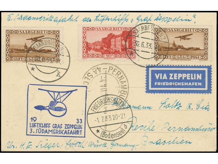 3. Südamerikafahrt, Karte mit u.a. 2 Werten Flugpost 5 Fr. nach Pernambuco, alle Stempel vorderseitig, Kabinett