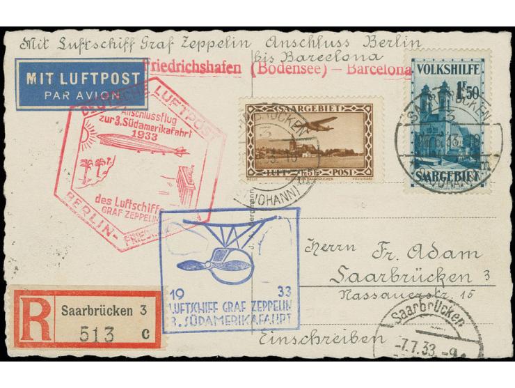 R-Karte Anschlußflug Berlin, frankiert mit Mi.-Nr. 159 und 164 bis Barcelona, Kabinett