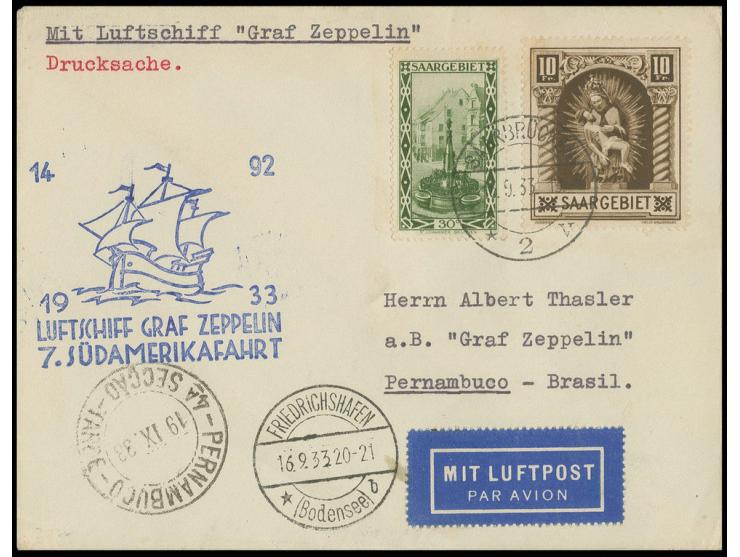 7. Südamerikafahrt, Drucksache mit u.a. Madonna 10 Fr. nach Pernambuco, alle Stempel vorderseitig, Pracht