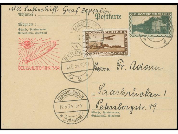 1934, Deutschlandfahrt, Karte mit u.a. Flugpost 5 Fr. bis Berlin, alle Stempel vorderseitig, Kabinett