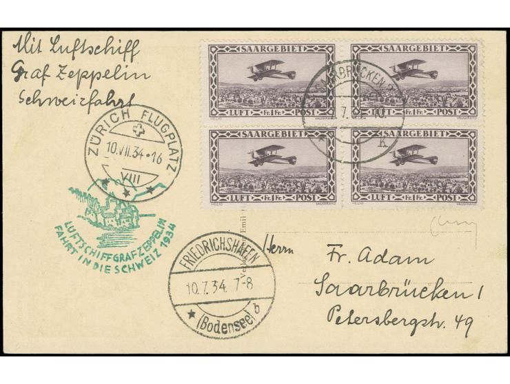 Schweizfahrt, Karte mit Flugpost 1 Fr. im 4er-Block, alle Stempel vorderseitig, Kabinett