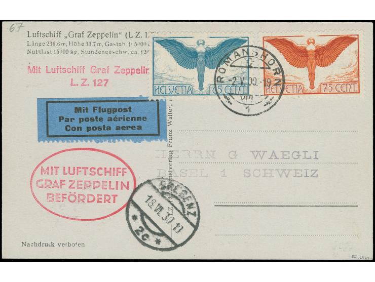 SCHWEIZ: 1930, Vorarlbergfahrt, Fotokarte mit Flugpost 65 und 75 C., Abwurf Bregenz mit Ankunftsstempel, alle Stempel vorders