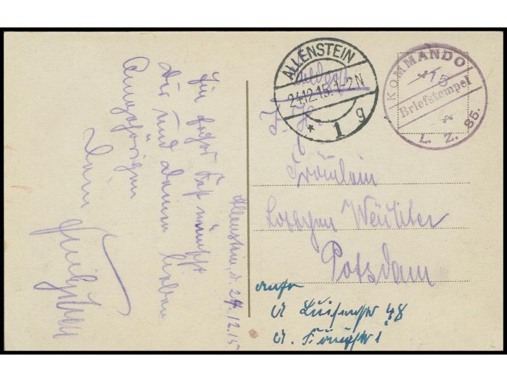 1915, L.Z. 85, Kommandostempel auf Weihnachtsgruß-Feldpostkarte mit Aufgabestempel "ALLENSTEIN 24.12.15" nach Potsdam, Kabine