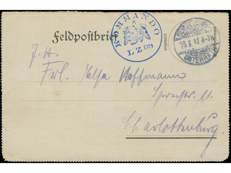1917, "LZ 93", blauer Kommando-Adler-Stempel auf Briefkarten-Vorderseite mit etwas unklarem Aufgabestempel "DÜSSELDORF UNTERR