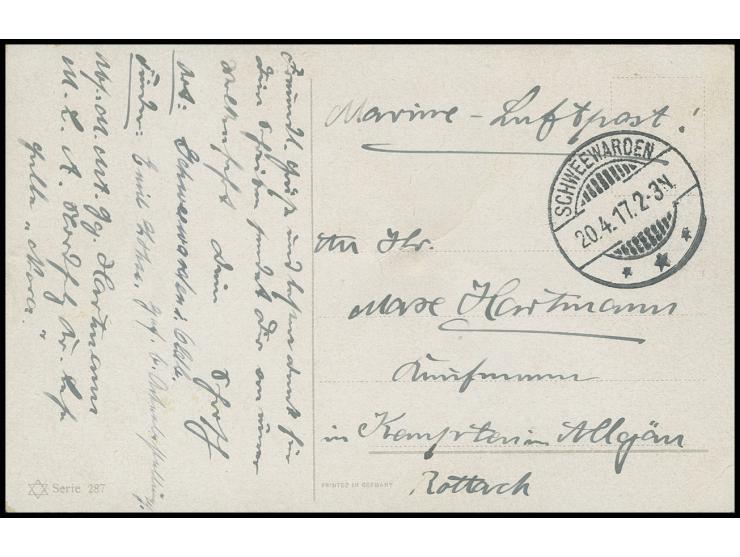 MARINELUFTSCHIFFE: 1917, Abwurfkarte von Maat G. Hartmann mit Findervermerk und Aufgabestempel "SCHWEEWARDEN 20.4.17" (Hartma
