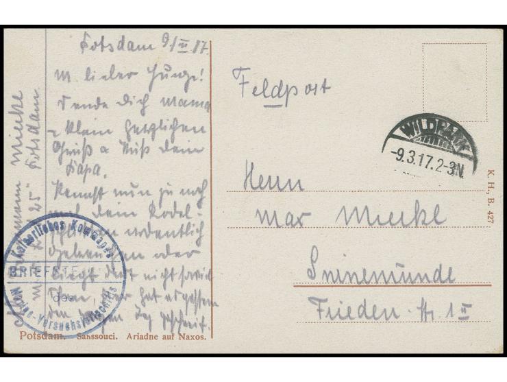 1917, "Marine-Versuchsluftschiff", Kommandostempel auf Karte mit handschriftlichem Absendervermerk "M. L. S. L25 Potsdam" und