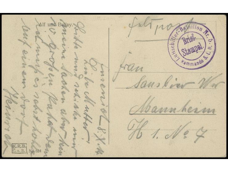 SCHÜTTE-LANZ: 1914, "Luftschiffer-Bataillon Nr. 5 Kommando S.L.II", violetter Briefstempel auf Feldpostkarte nach Mannheim, d