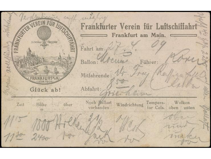 1909, Ballon "Moenus" des "FRANKFURTER VEREIN FÜR LUFTSCHIFFAHRT", Vordruckkarte der Fahrt vom 27.4.09 von Griesheim mit Find