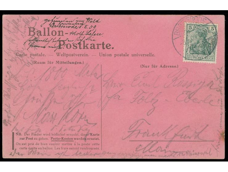 1909, Ballon "Moenus" des "FRANKFURTER VEREIN FÜR LUFTSCHIFFAHRT", Vordruckkarte der Fahrt vom 27.4.09 von Griesheim mit Find