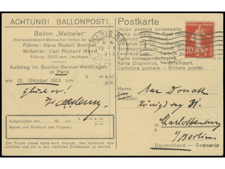 FRANKREICH: 1913, Gordon-Bennet-Ballon-Wettbewerb, Fotokarte des Ballon "Metzeler" mit Frankreich-Frankatur und Stempel "PARI