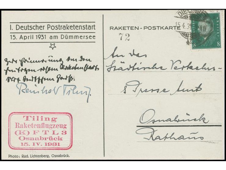 1931, 1. deutscher Postraketenstart 15.4.1931 am Dümmer See, Sonderkarte Nr. "72" (von 188) mit rotem Cachet "Tilling / Raket