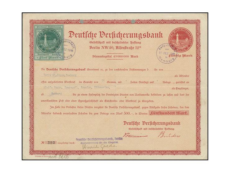 OZEANREEDEREI: 1916, 1. Ausgabe 5 M. als Zufrankatur auf Versicherungsschein 50 M. mit EKr. "Aufgeliefert den 15.DEZ 1916 in 