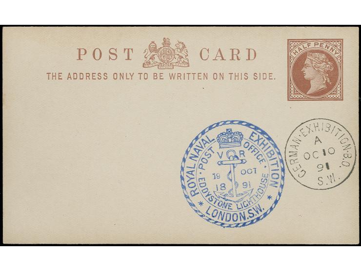 GROSSBRITANNIEN: 1891, "ROYAL NAVAL EXHIBITION LONDON EDDYSTONE LIGHTHOUSE 19 OCT 1891", blauer Zier-Ankerstempel auf Blanko-