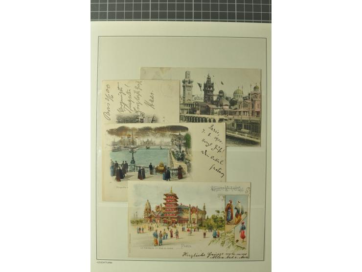 1900, PARIS: Kleine Sammlung mit 14 Karten/Ansichtskarten und 4 colorierte Briefbogen (ungebraucht), dabei verschiedene Sonde