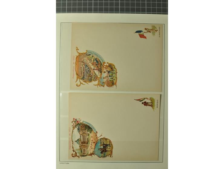 1900, PARIS: Kleine Sammlung mit 14 Karten/Ansichtskarten und 4 colorierte Briefbogen (ungebraucht), dabei verschiedene Sonde