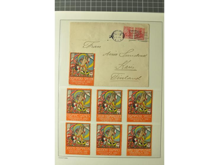 1912, STOCKHOLM: Sammlung mit 4 Briefen, 11 ungebrauchten und gebrauchten Ansichtskarten und 19 Vignetten (teils in Einheiten