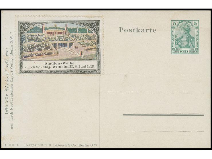 1916, BERLIN: Ganzsachenkarte 5 Pfg. "Deutsches Stadion" mit zugeklebter Vignette, ungebraucht, links kleine Haftstellen und 