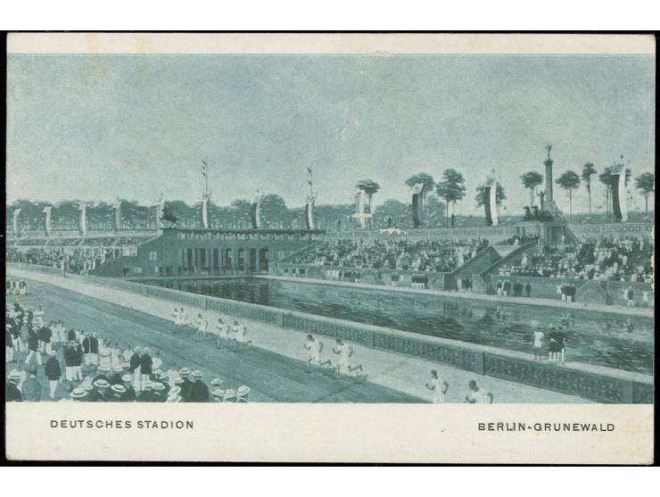 1916, BERLIN: Ganzsachenkarte 5 Pfg. "Deutsches Stadion" mit zugeklebter Vignette, ungebraucht, links kleine Haftstellen und 