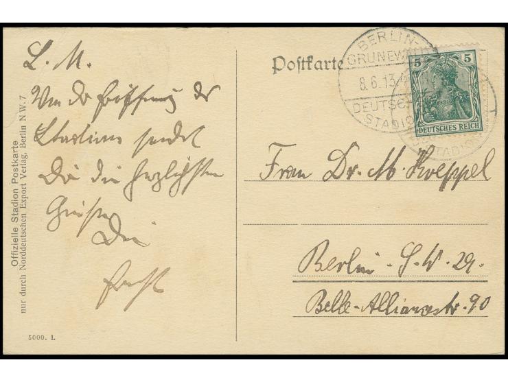 "BERLIN-GRUNEWALD DEUTSCHES STADION 8.6.13", Sonderstempel zweimal klar auf offizeller Postkarte "Deutsches Stadion" mit 5 Pf