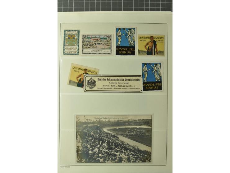 4 Ansichtskarten "Deutsches Stadion" mit verschiedenen Motiven, ungebrauchte "Spottkarte" (Wettlaufen) und 6 Vignetten (u.a. 