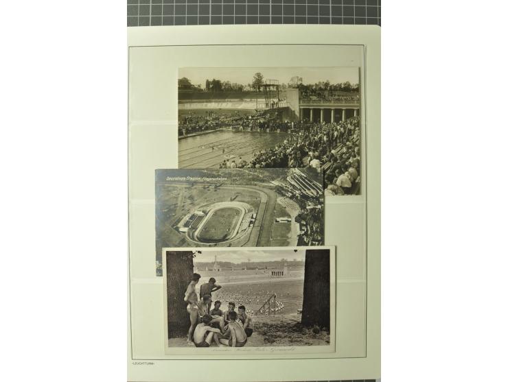 4 Ansichtskarten "Deutsches Stadion" mit verschiedenen Motiven, ungebrauchte "Spottkarte" (Wettlaufen) und 6 Vignetten (u.a. 