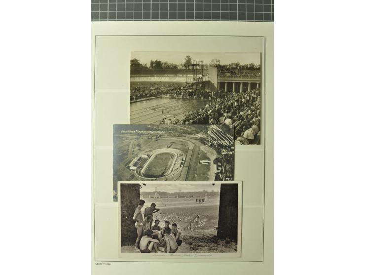 4 Ansichtskarten "Deutsches Stadion" mit verschiedenen Motiven, ungebrauchte "Spottkarte" (Wettlaufen) und 6 Vignetten (u.a. 