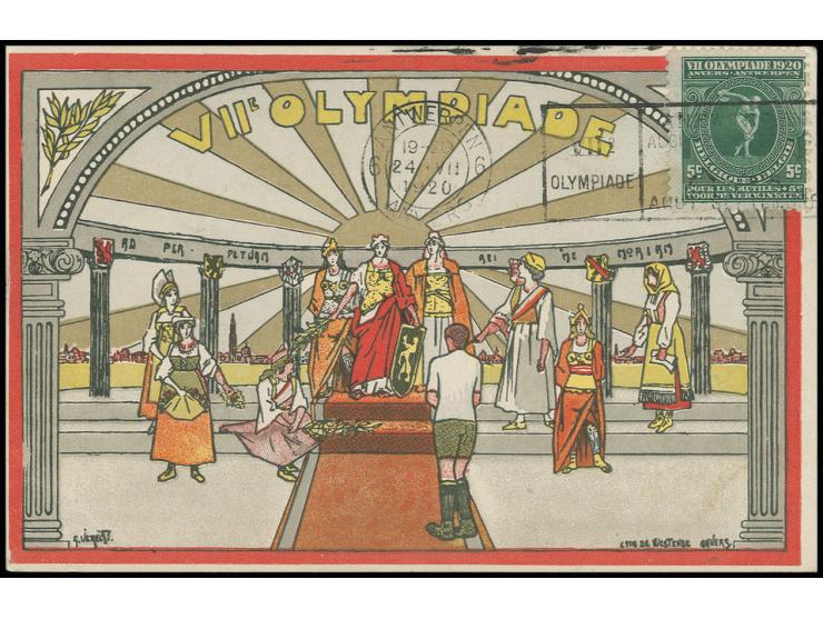 1920, ANTWERPEN: Sondermarke 5 C. mit Olympia-Maschinenstempel vorderseitig auf farbiger Sonderkarte, selten