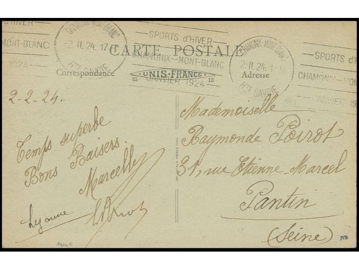 "SPORTS d'HIVER CHAMONIX-MONT BLANC JANVIER 1924" vom 2.2.1924 auf bedarfsgebrauchter Ansichtskarte mit rückseitig verklebter