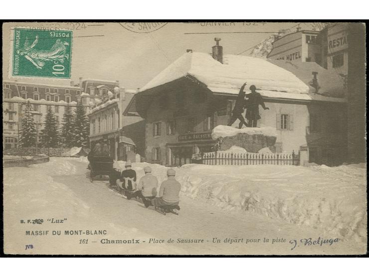 "SPORTS d'HIVER CHAMONIX-MONT BLANC JANVIER 1924" vom 2.2.1924 auf bedarfsgebrauchter Ansichtskarte mit rückseitig verklebter