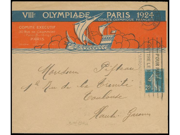 Offizeller Umschlag des Olympischen Komitees, bedarfsgebrauucht von "PARIS 15.5.1924" mit 25 C. nach Toulouse