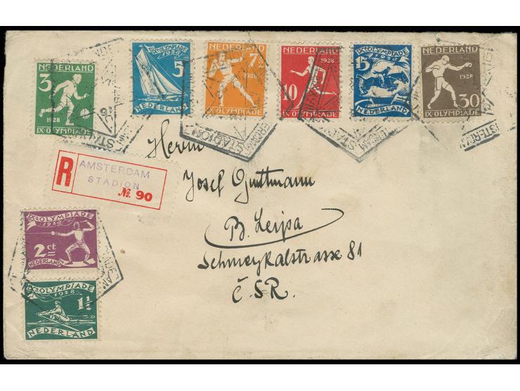 1928, AMSTERDAM: Sonderstempel vom 28.7. auf Einschreibe-Brief mit kpl. Satz und R-Zettel "AMSTERDAM-STADION" nach Prag mit A