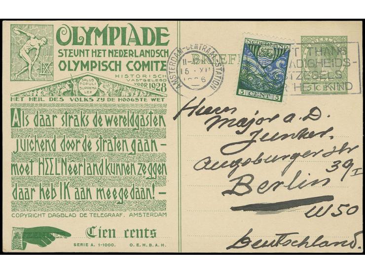 Sonder-Ganzsachenkarte 5 C., Serie A 1-1000, bedarfsgebraucht mit Zufrankatur von "AMSTERDAM 15.7.26" mit viel Text nach Berl