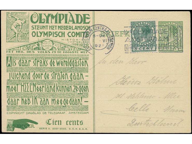 Sonder-Ganzsachenkarte 5 C., Serie A 2001-3000, bedarfsgebraucht mit Zufrankatur von "AMSTERDAM 3.6.28" mit viel Text nach Ce