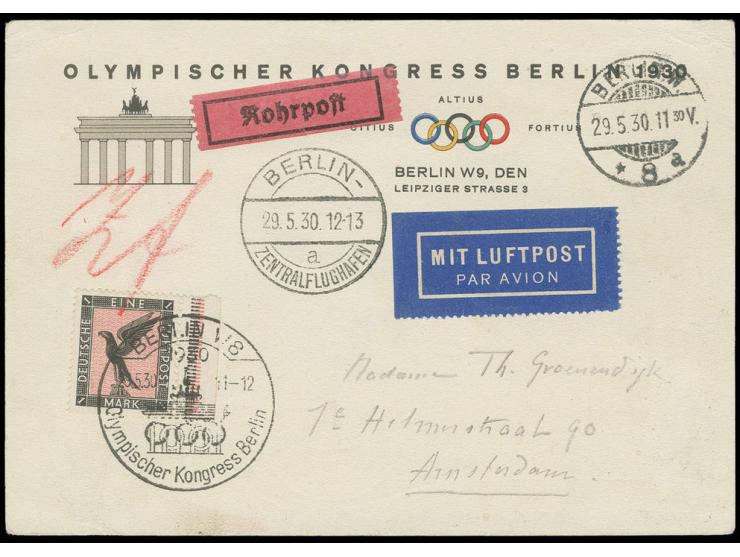 OLYMPISCHER KONGRESS: 1930, "BERLIN W8/Olympischer Kongress Berlin 29.5.30", klar auf 1926, Luftpost 1 M. auf  Kongress-Vordr