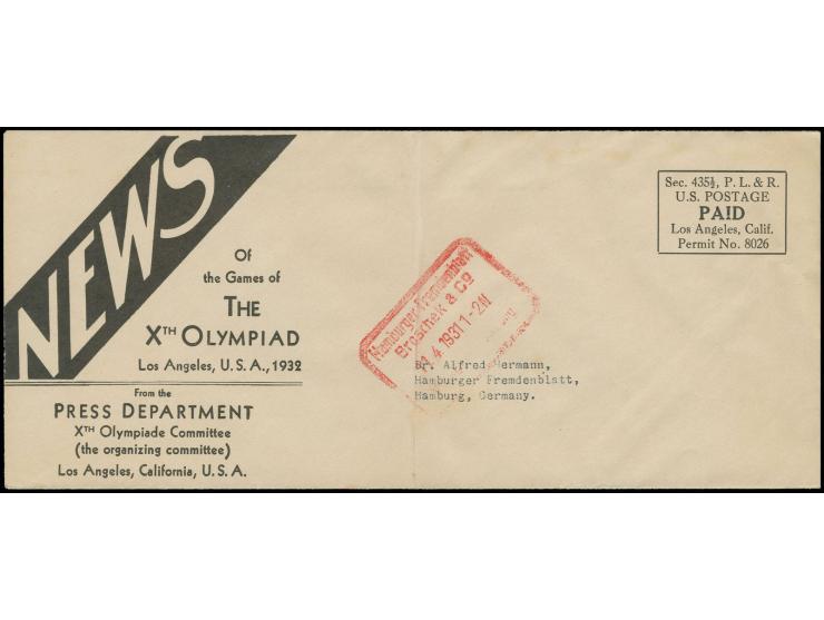 Vordruckumschlag "NEWS Of the Games of THE XTH OLYMPIAD Los Angeles, U.S.A., 1932" der Presseabteilung des Olympischen Komite