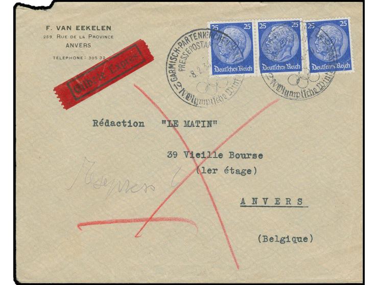 Sonderstempel "GARMISCH-PARTENKIRCHEN PRESSEPOSTAMT 8.2.36", zweimal klar auf Bedarfs-Eilbotenbrief mit Hindenburg 25 Pfg.(3)