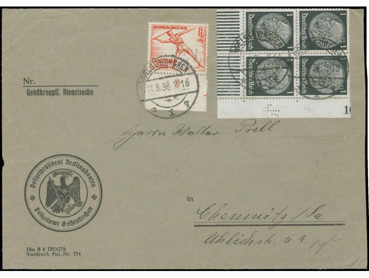 Sonderausgabe 8 Pfg. und Viererblock Hindenburg 1 Pfg.(untere rechte Bogenecke, 2 Werte durch Ranklebung kleine Zahnfehler), 