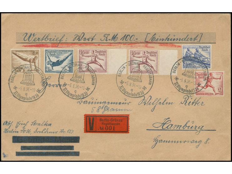 Sonderausgabe 25 Pfg., 15 Pfg. (2), 12 Pfg., 4 Pfg. und 3 Pfg. mit Sonderstempel "BERLIN-GRÜNAU-REGATTABAHN 5.8." als portoge