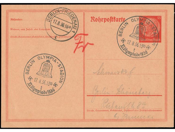 Stempel: "BERLIN OLYMPIA-STADION 17.8.36.13.10", Rohrpost-Sonderstempel mit Minutenangabe, zweimal klar auf Rohrppost-Karte H