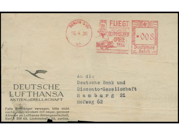 Freistempel: BERLIN SW 68/FLIEGT NACH DEUTSCHLAND DEM LAND DER OLYMPISCHEN SPIELE 1936 DEUTSCHE LUFTHANSA 16.4.36", sehr klar