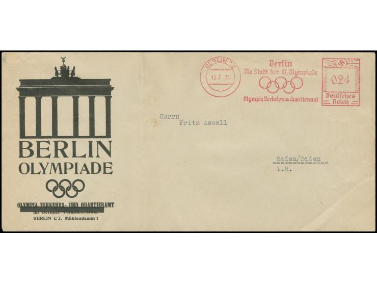 "BERLIN C2/Berlin Die Stadt der XI.Olympiade/Olympia Verkehrs- u. Quartieramt", klar auf Werbe-Umschlag nach Baden, einmal ge