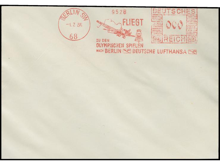 "BERLIN SW 68/FLIEG ZU DEN OLYMPISCHEN SPIELEN NACH BERLIN DEUTSCHE LUFTHANSA 1.7.36", klarer Abschlag auf Blankoumschlag, Pr