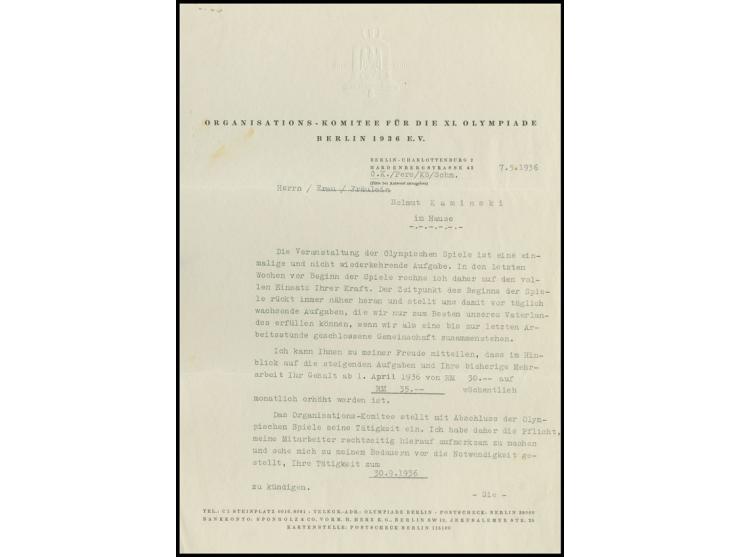 1936, Vordruck-Briefbogen (2 Seiten) des "ORGANISATIONS-KOMITEE FÜR DIE XI. OLMYPIADE BERLIN 1936. E.V" an einen Mitarbeiter 