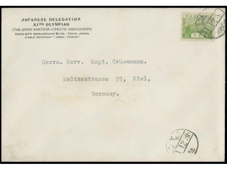 JAPAN: "JAPANES DELEGATION XITH OLMPIAD....", frankierter Vordruckbrief aus "TOKIO 1.12.36 an den Korv. Kapt. Crüsemann in Ki