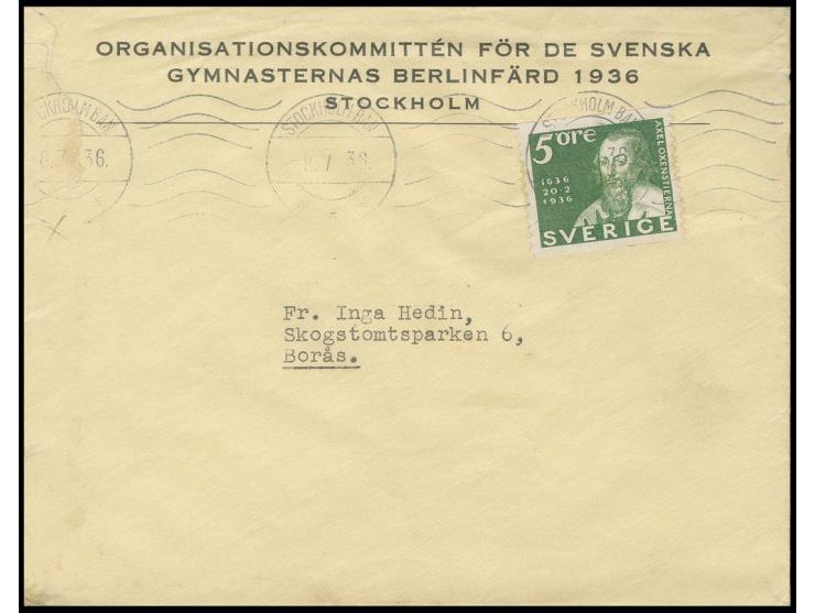 SCHWEDEN: "ORGANISATIONSKOMMITTÉN FÖR DE SVENSKA GYMNASTERNAS BERLINFÄRD 1936 STOCKHOLM", frankierter Vordruckbrief aus "STOC