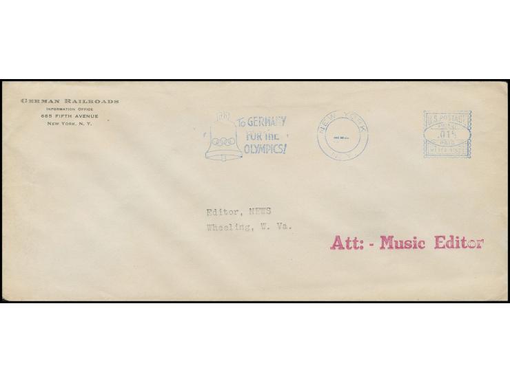 USA: "NEW YORK/TO GERMNANY FOR THE OLMYPICS!", blauer Freistempel klar auf kpl. Vordruckbrief der German Railroads im Langfor