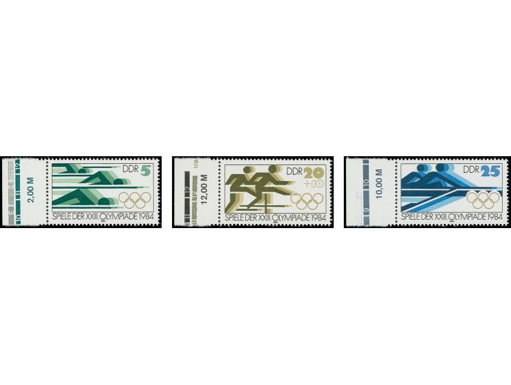 1984 LOS ANGELES: DDR, unverausgabte Werte 5 Pfg., 20+10 Pfg. und 25 Pfg., einheitlich vom linken Bogenrand, postfrisch, sign