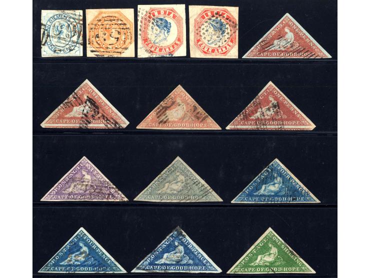 1853/63 (ca.), gestempelte kleine Partie in überdurchschnittlich guter Erhaltung, dabei gute Kap-Dreiecke sowie Tasmanien Mi.