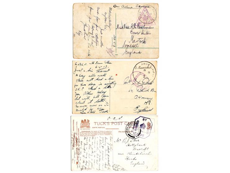 1917/19, 7 Ansichtskarten mit verschiedenen Feldpoststempeln und Zensuren, u.a. ARMY POST OFFICE SZ 26 D, alle nach England a