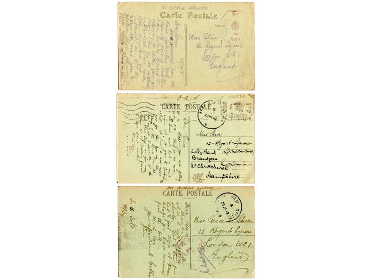 1917/19, 7 Ansichtskarten mit verschiedenen Feldpoststempeln und Zensuren, u.a. ARMY POST OFFICE SZ 26 D, alle nach England a